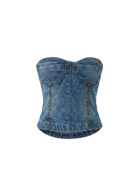Vintage Style Western Studded Washed Denim Lace Up Corset Top Blue Size S